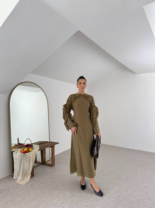 Uzun Volanlı Elbise - Yeşil