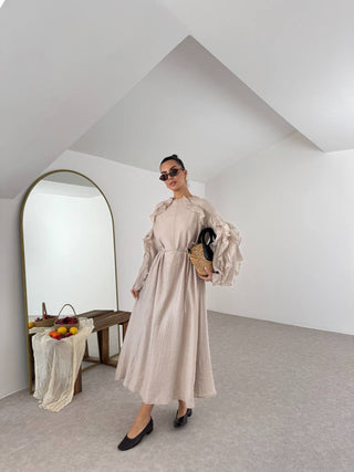 Uzun Volanlı Elbise - Pudra