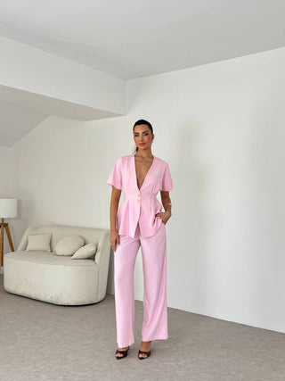 Keten Yelekli Takım-Pembe