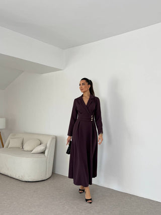 Uzun Boy Kruvaze Yaka Düğme Detaylı Kadın Elbise - Mürdüm